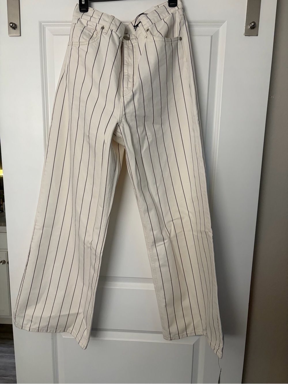 Reformation Cream Wide-Leg Pinstripe Pants